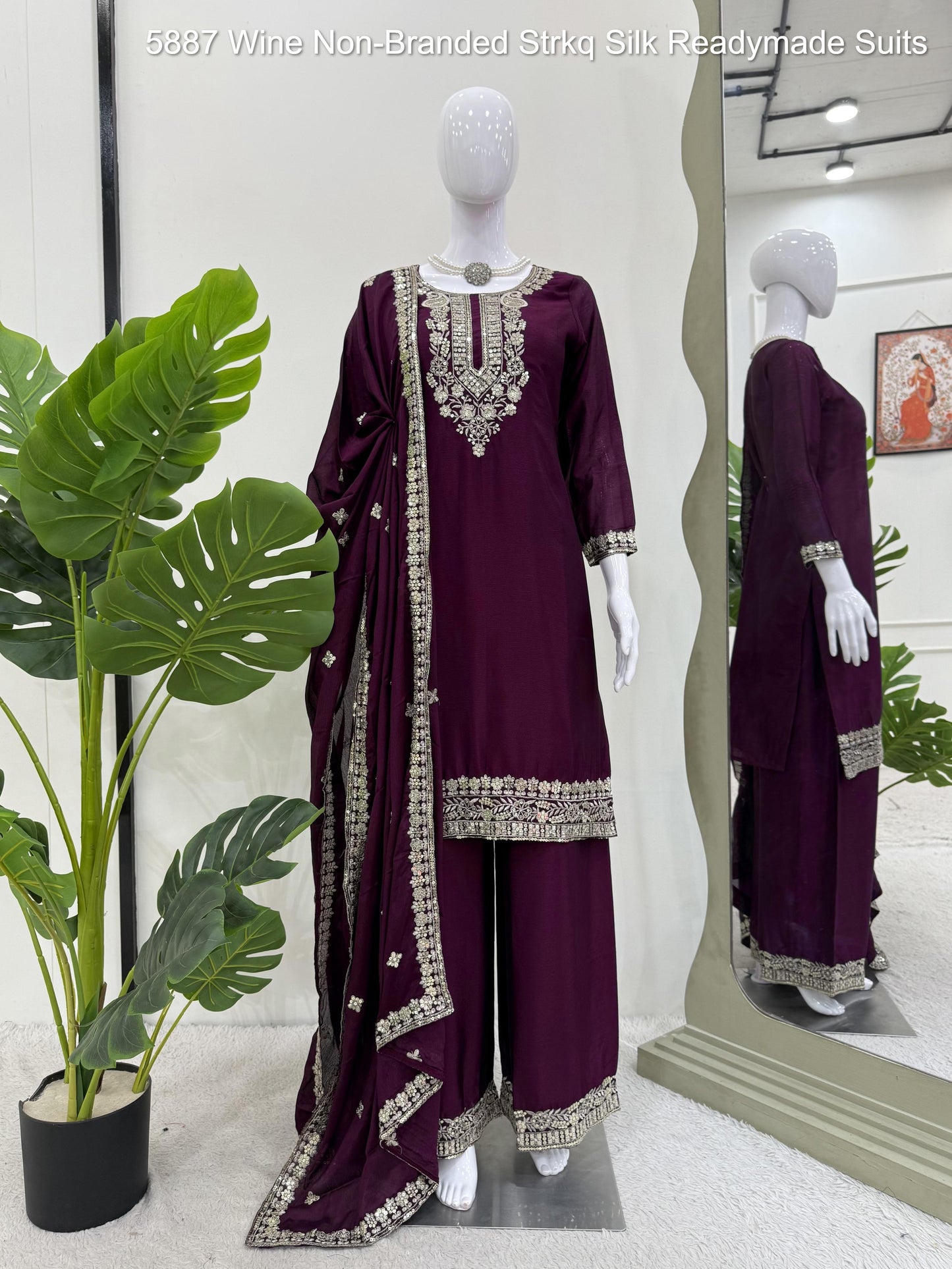 5887 Wine Non-Branded Strkq Silk Readymade Suits