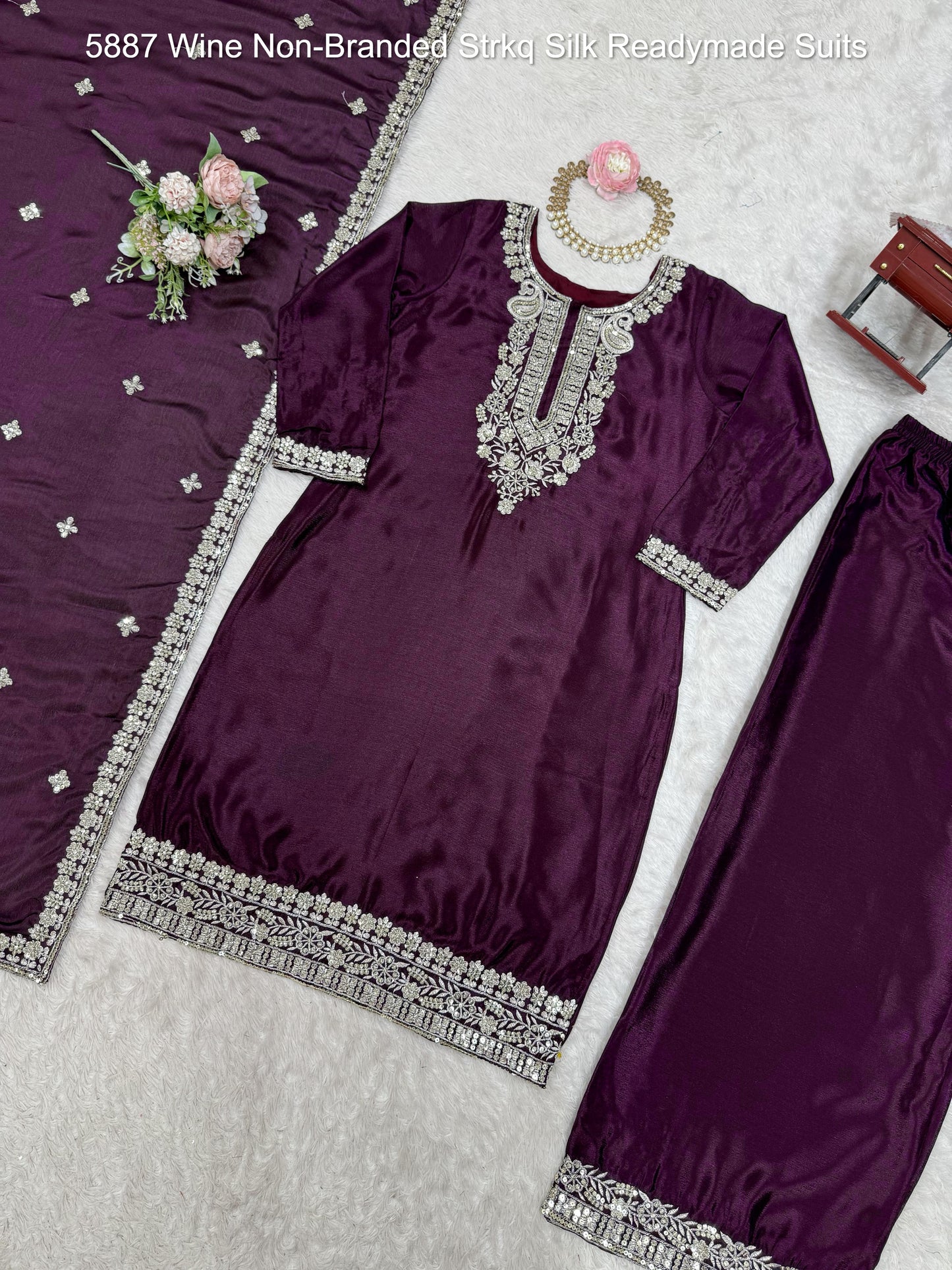5887 Wine Non-Branded Strkq Silk Readymade Suits