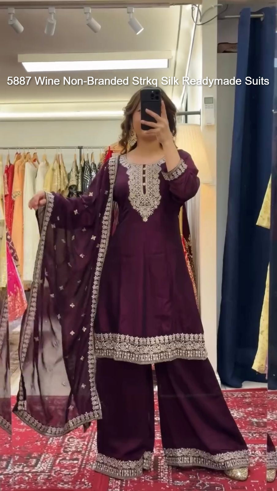 5887 Wine Non-Branded Strkq Silk Readymade Suits