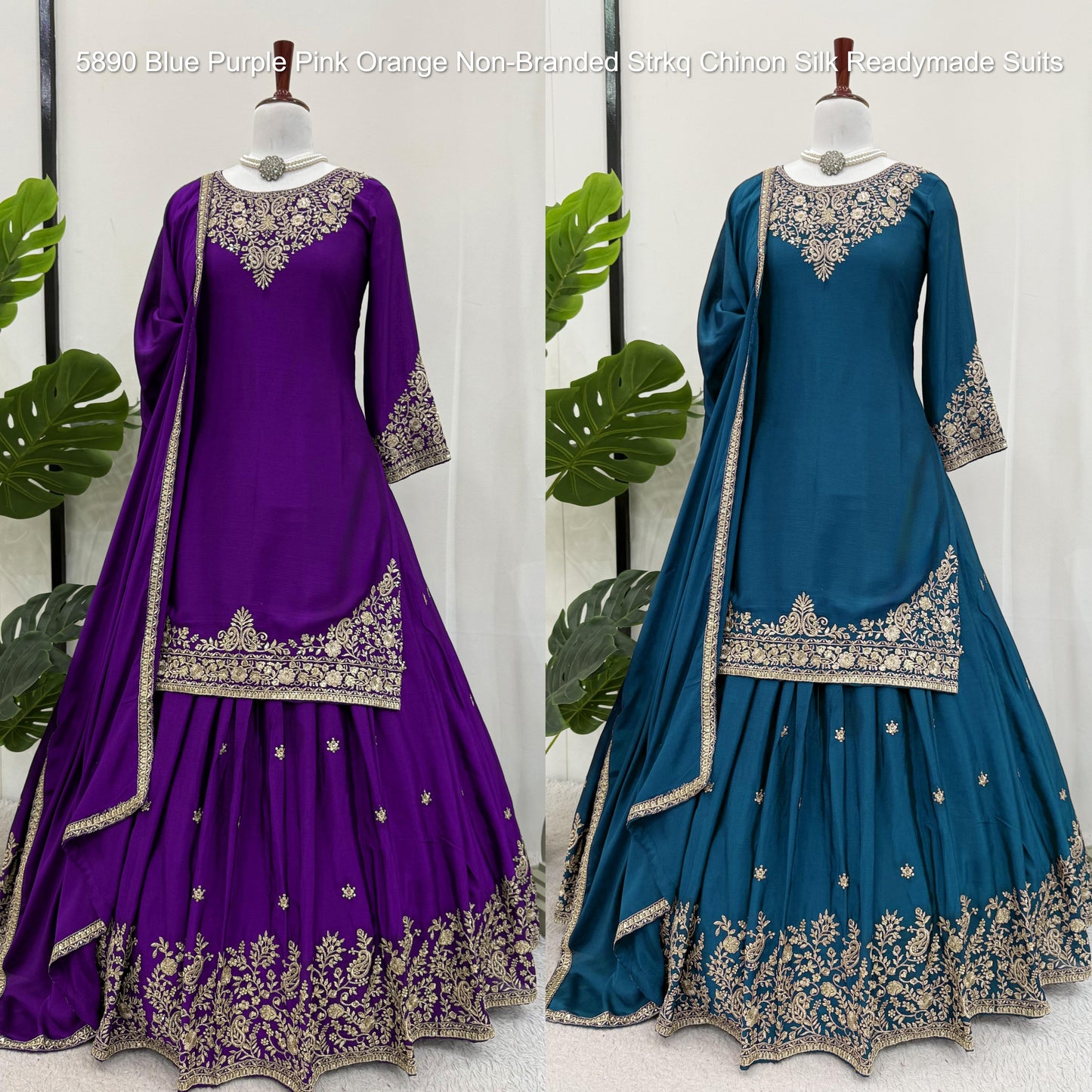 5890 Blue Purple Pink Orange Non-Branded Strkq Chinon Silk Readymade Suits