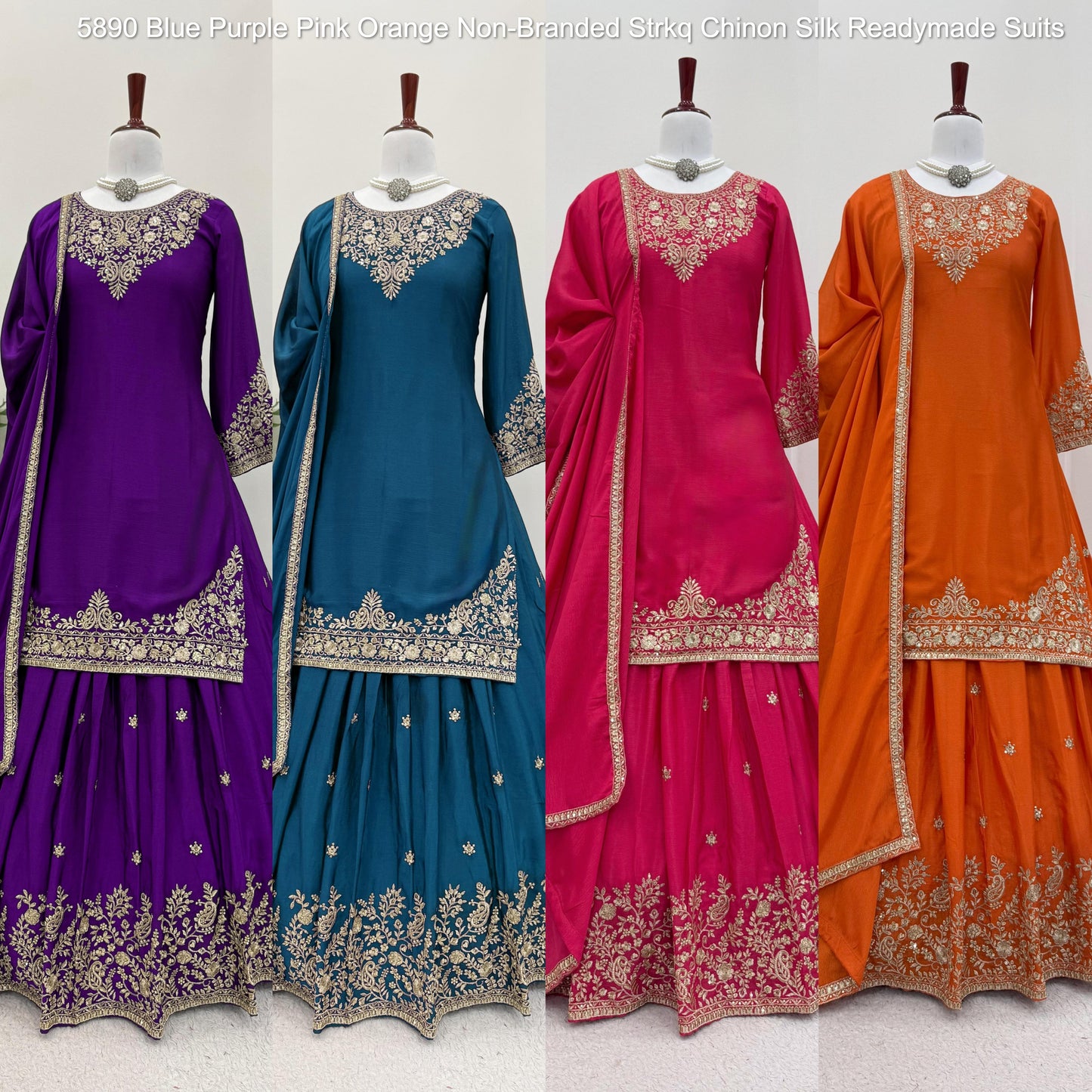 5890 Blue Purple Pink Orange Non-Branded Strkq Chinon Silk Readymade Suits