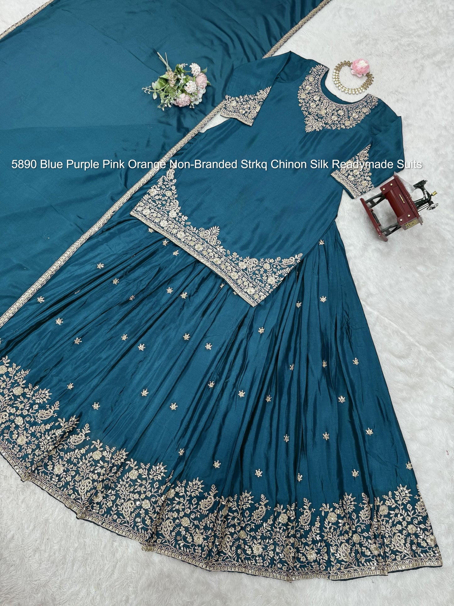 5890 Blue Purple Pink Orange Non-Branded Strkq Chinon Silk Readymade Suits