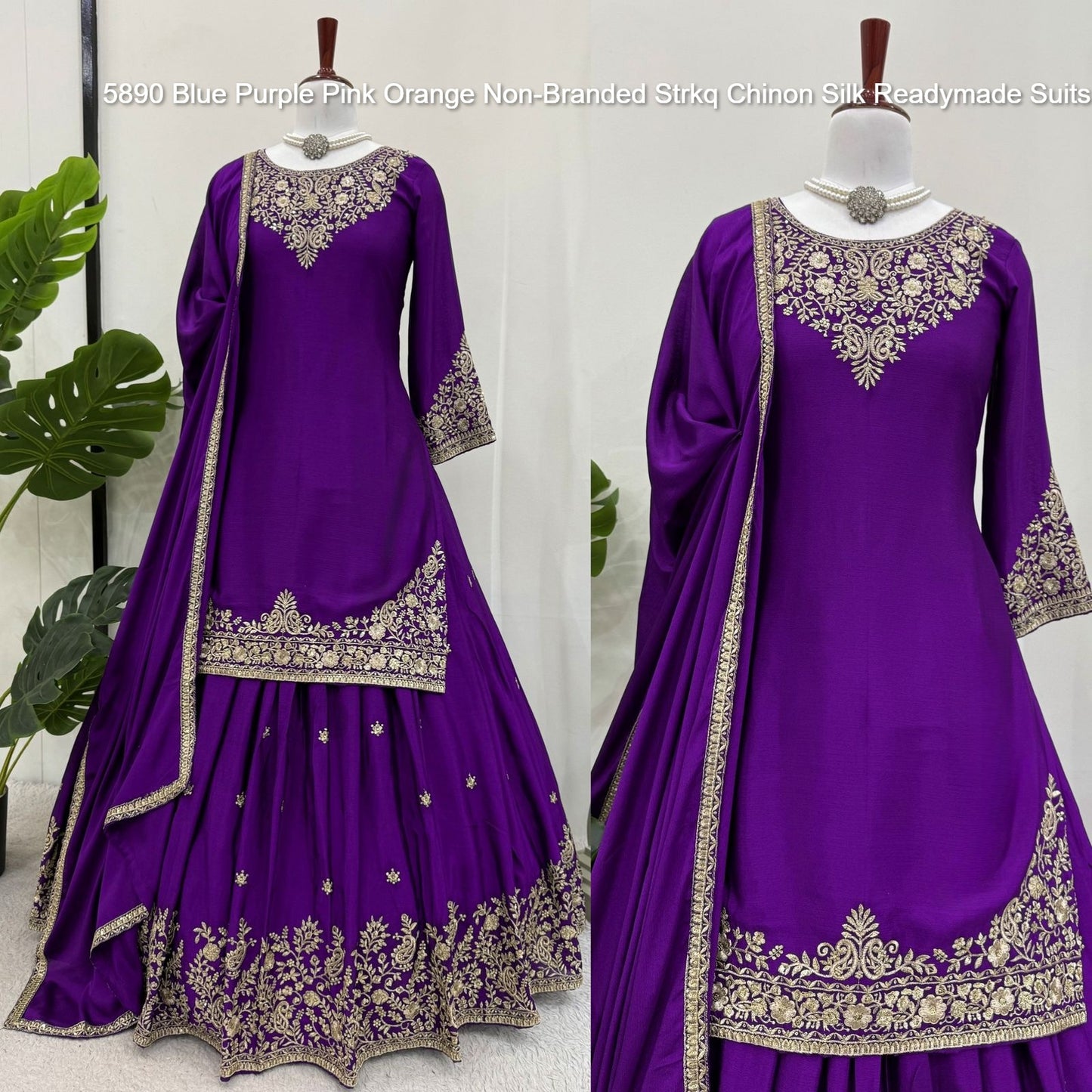 5890 Blue Purple Pink Orange Non-Branded Strkq Chinon Silk Readymade Suits