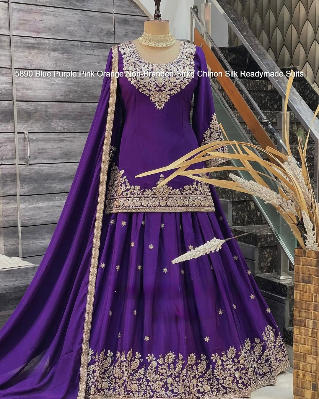 5890 Blue Purple Pink Orange Non-Branded Strkq Chinon Silk Readymade Suits