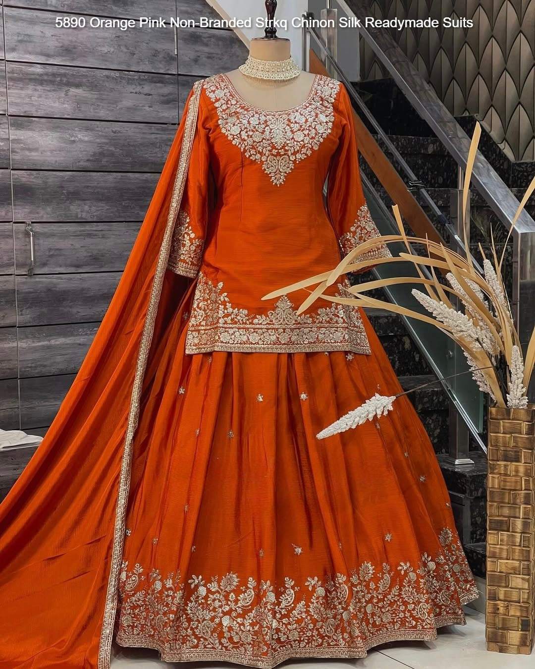 5890 Orange Pink Non-Branded Strkq Chinon Silk Readymade Suits