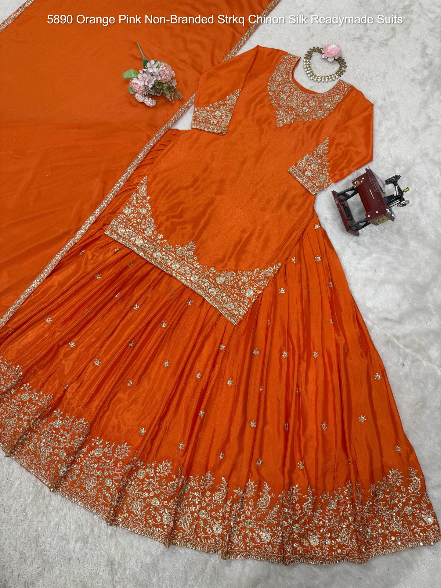5890 Orange Pink Non-Branded Strkq Chinon Silk Readymade Suits