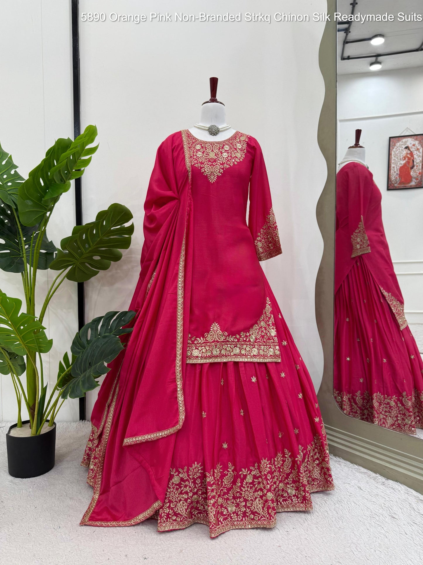 5890 Orange Pink Non-Branded Strkq Chinon Silk Readymade Suits