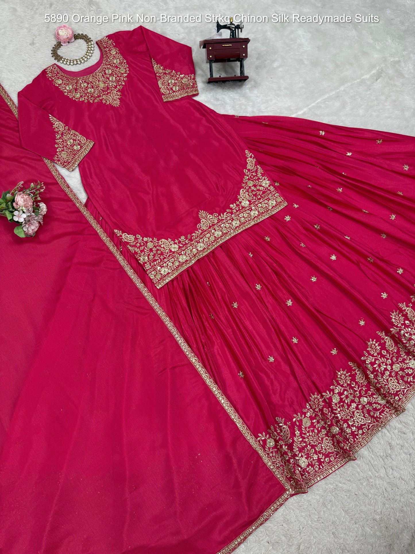5890 Orange Pink Non-Branded Strkq Chinon Silk Readymade Suits