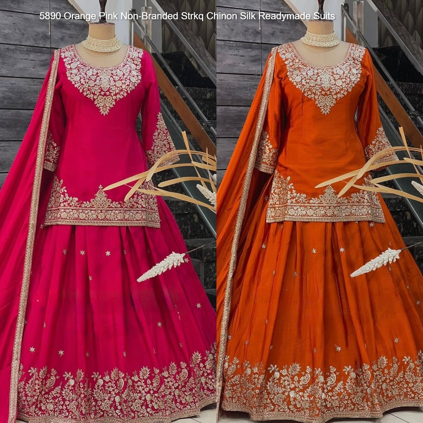 5890 Orange Pink Non-Branded Strkq Chinon Silk Readymade Suits