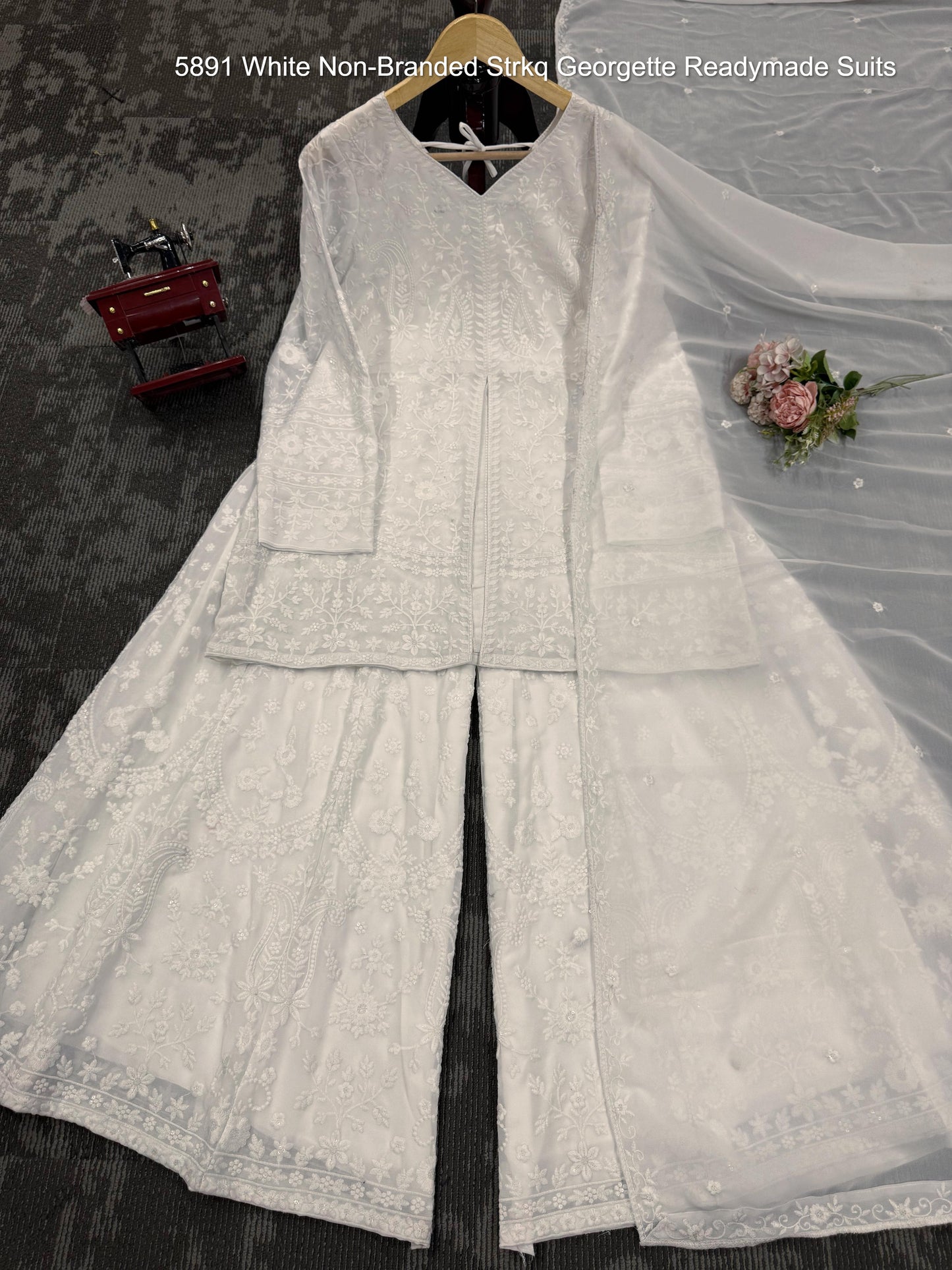5891 White Non-Branded Strkq Georgette Readymade Suits