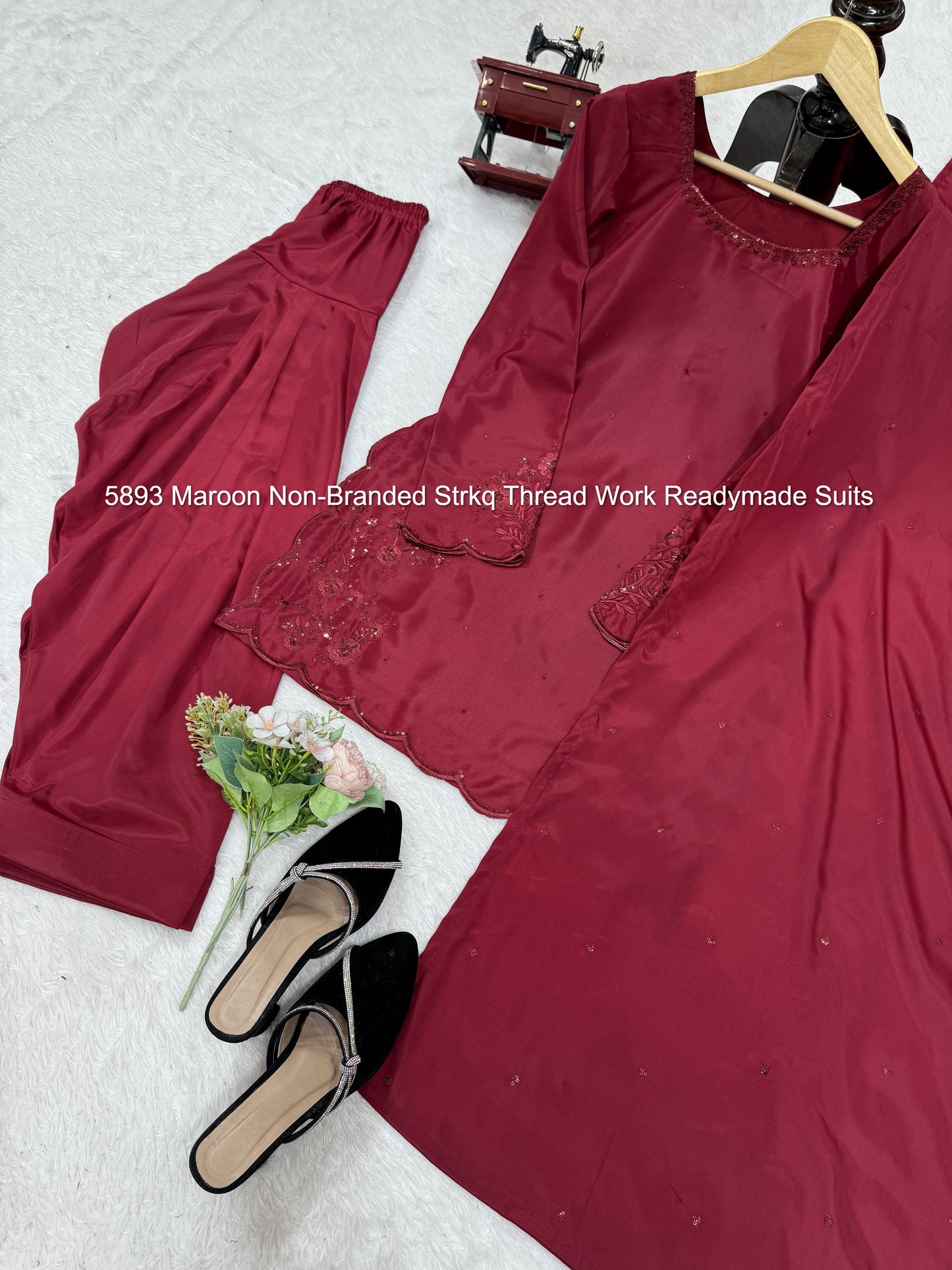 5893 Maroon Non-Branded Strkq Thread Work Readymade Suits