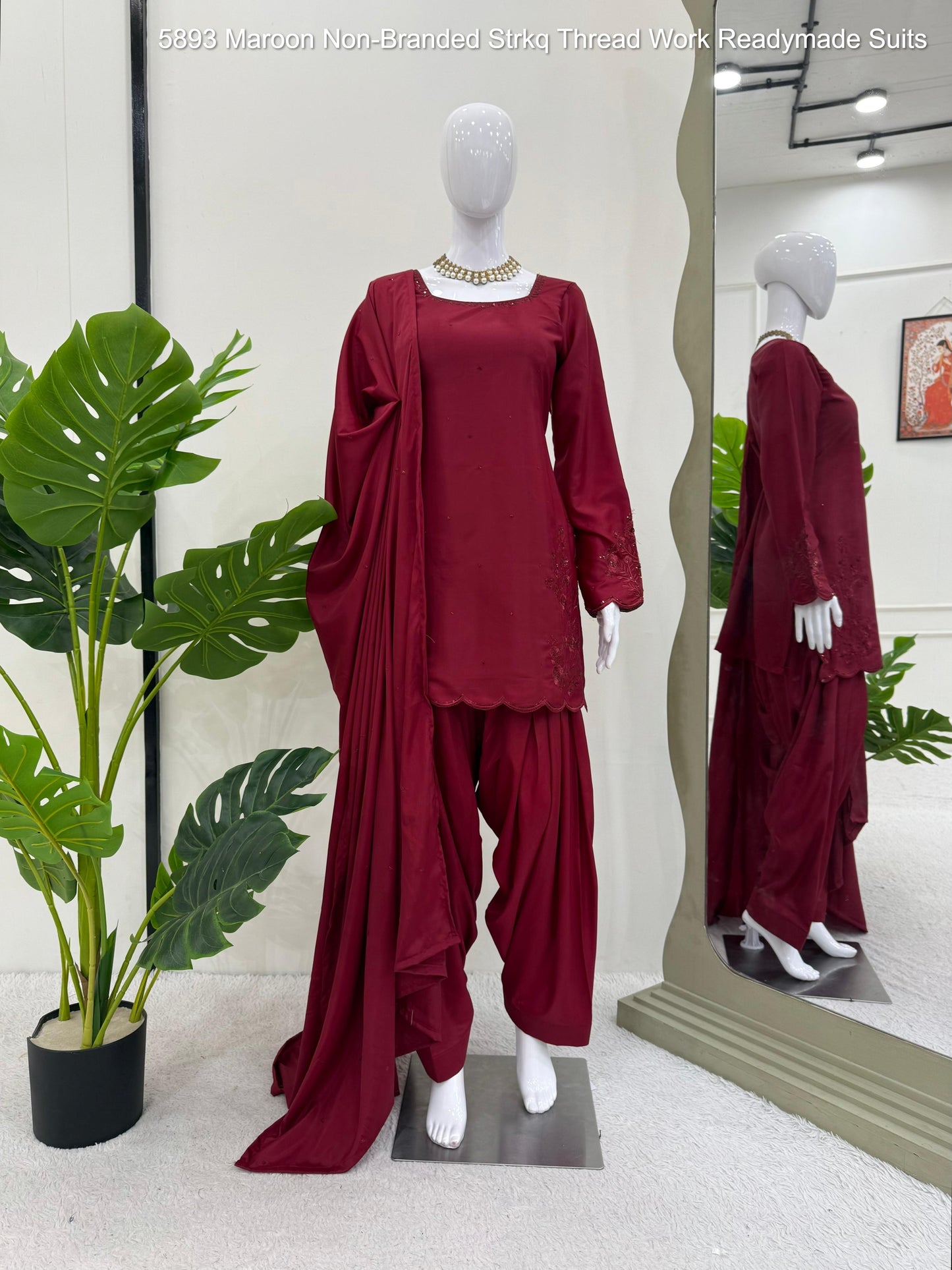 5893 Maroon Non-Branded Strkq Thread Work Readymade Suits