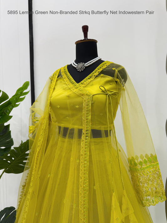 5895 Lemon Green Non-Branded Strkq Butterfly Net Indowestern Pair