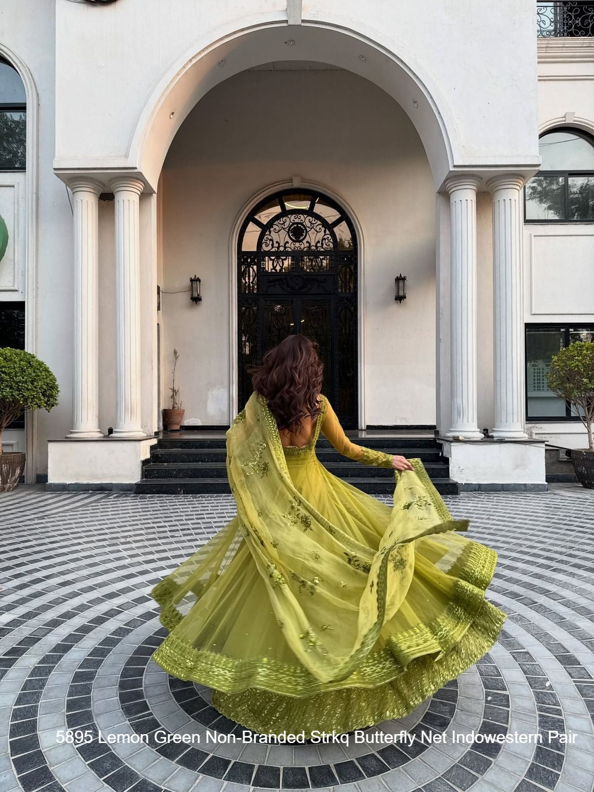 5895 Lemon Green Non-Branded Strkq Butterfly Net Indowestern Pair