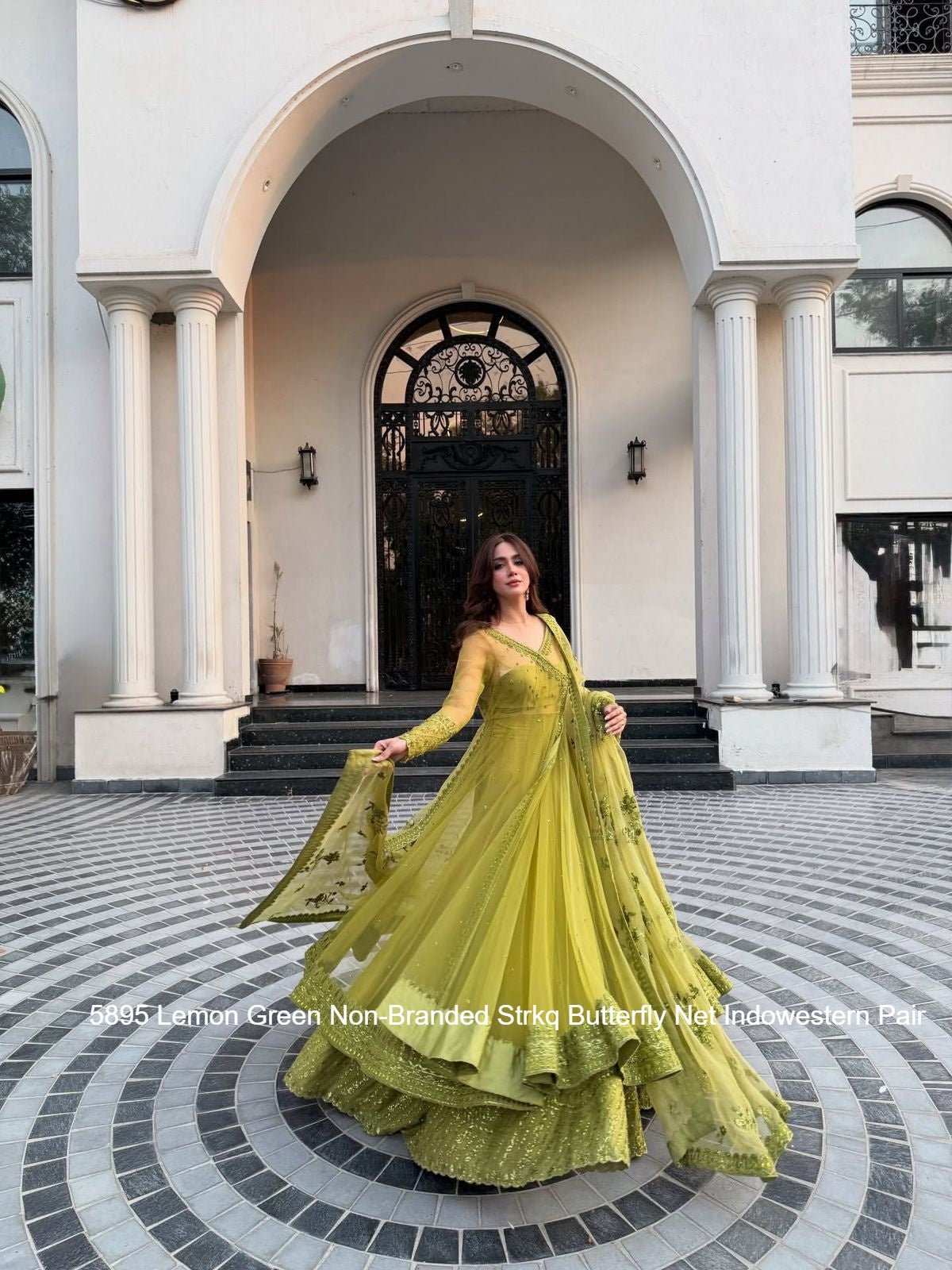 5895 Lemon Green Non-Branded Strkq Butterfly Net Indowestern Pair