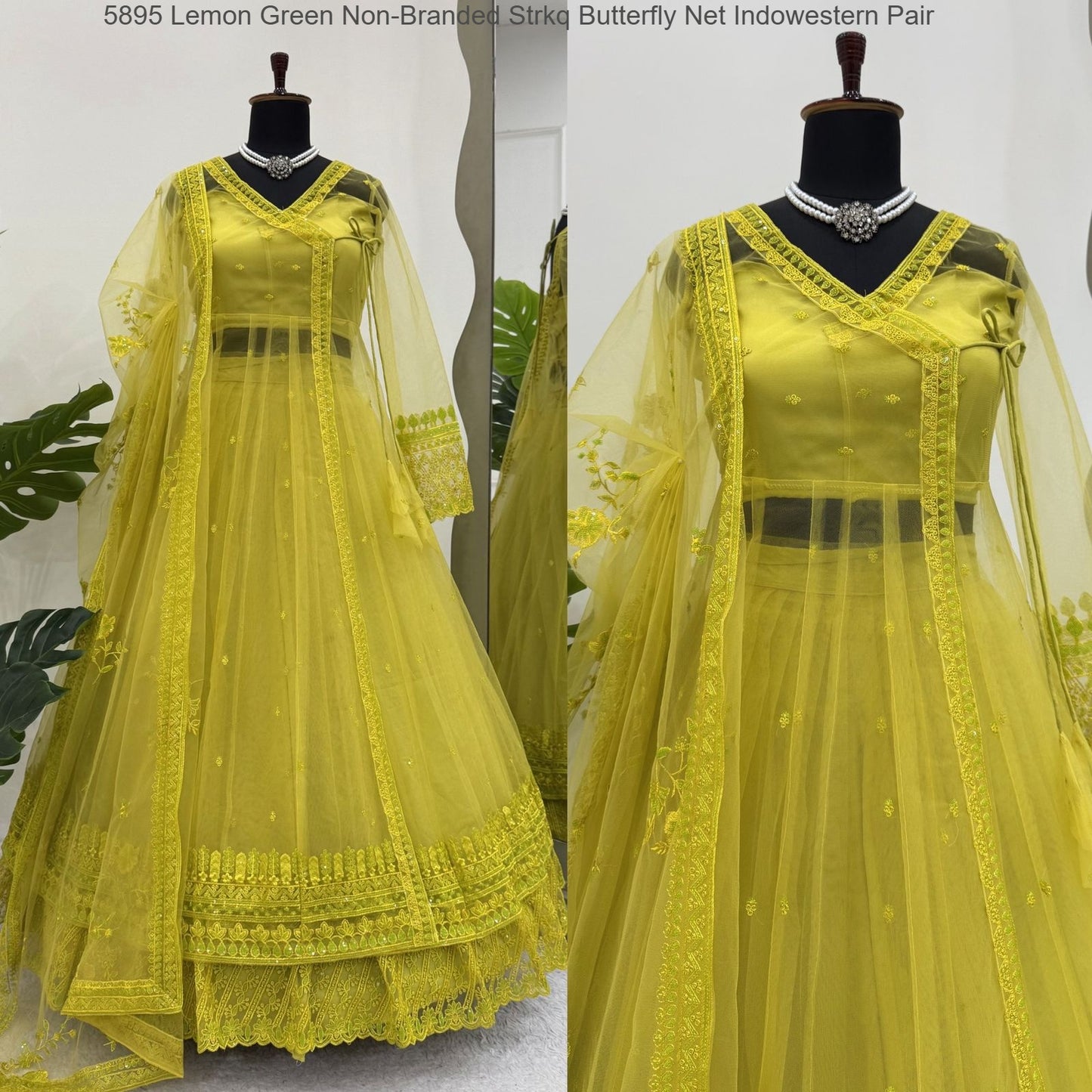 5895 Lemon Green Non-Branded Strkq Butterfly Net Indowestern Pair