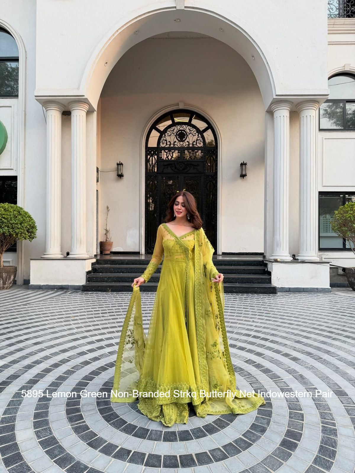 5895 Lemon Green Non-Branded Strkq Butterfly Net Indowestern Pair