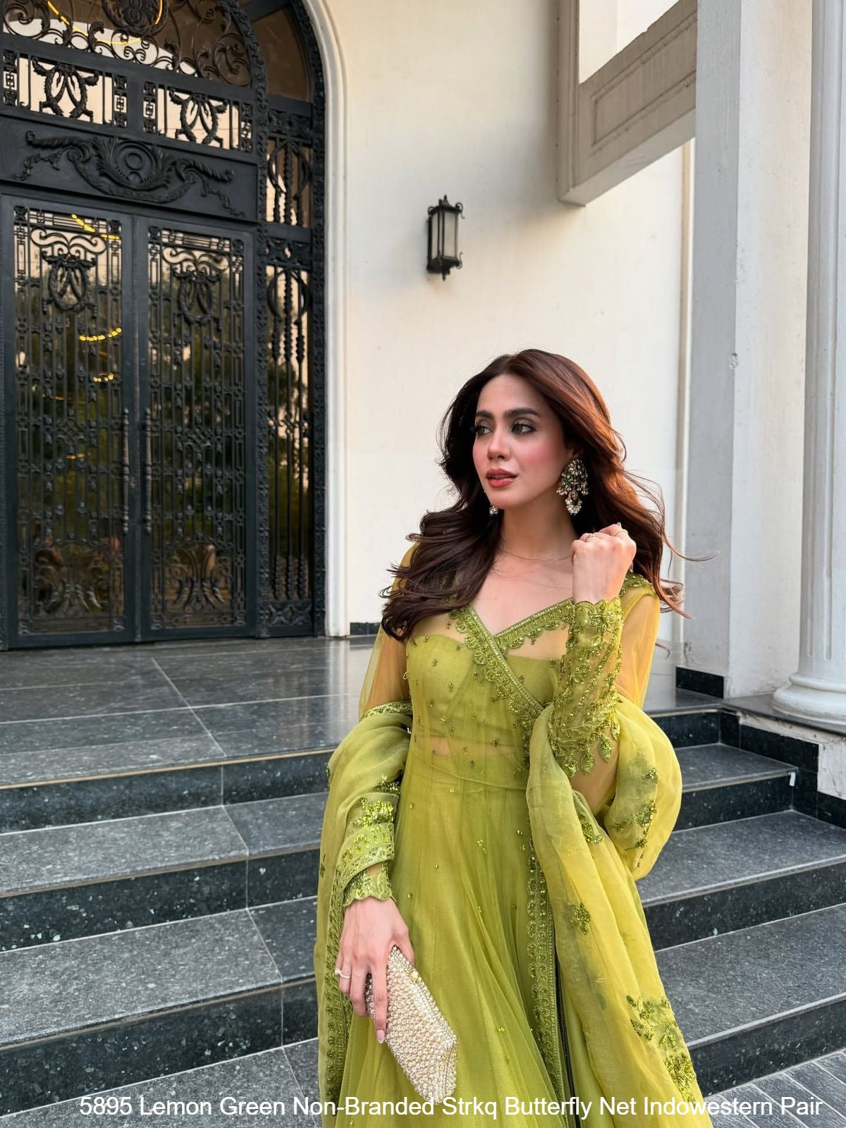 5895 Lemon Green Non-Branded Strkq Butterfly Net Indowestern Pair