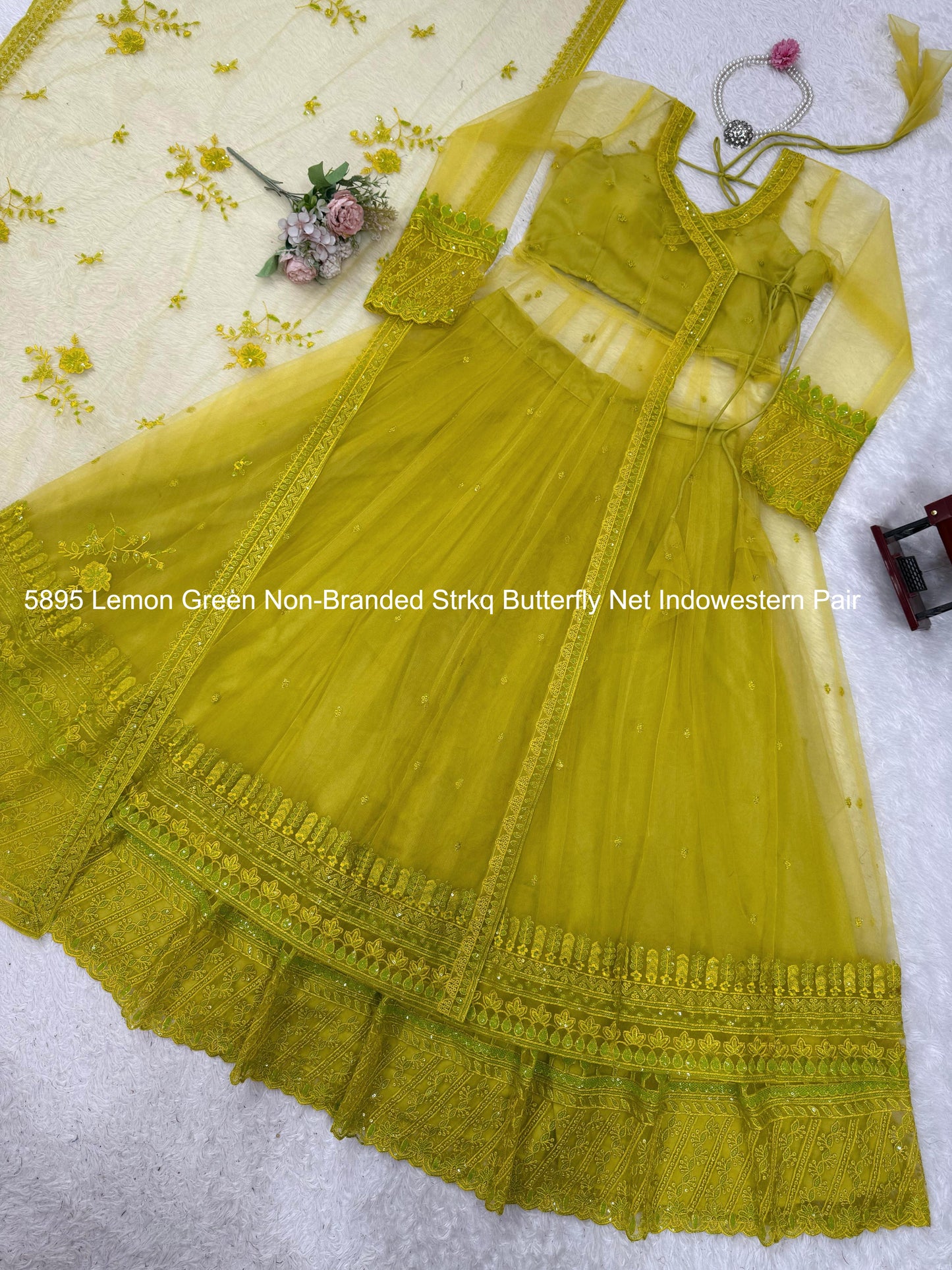 5895 Lemon Green Non-Branded Strkq Butterfly Net Indowestern Pair