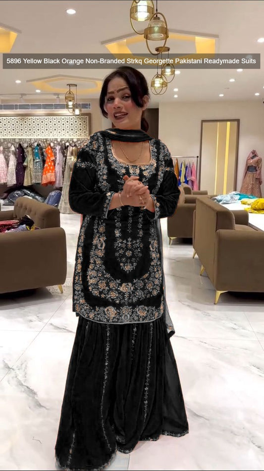 5896 Yellow Black Orange Non-Branded Strkq Georgette Pakistani Readymade Suits