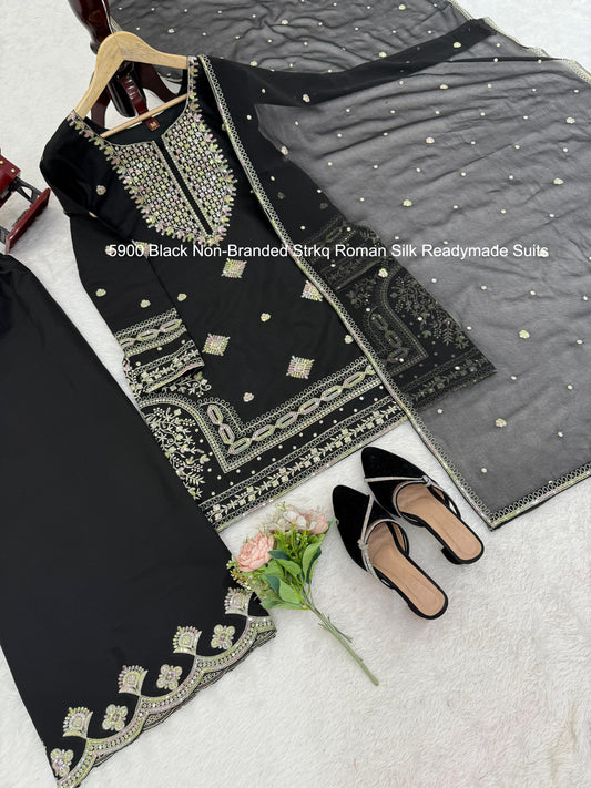5900 Black Non-Branded Strkq Roman Silk Readymade Suits