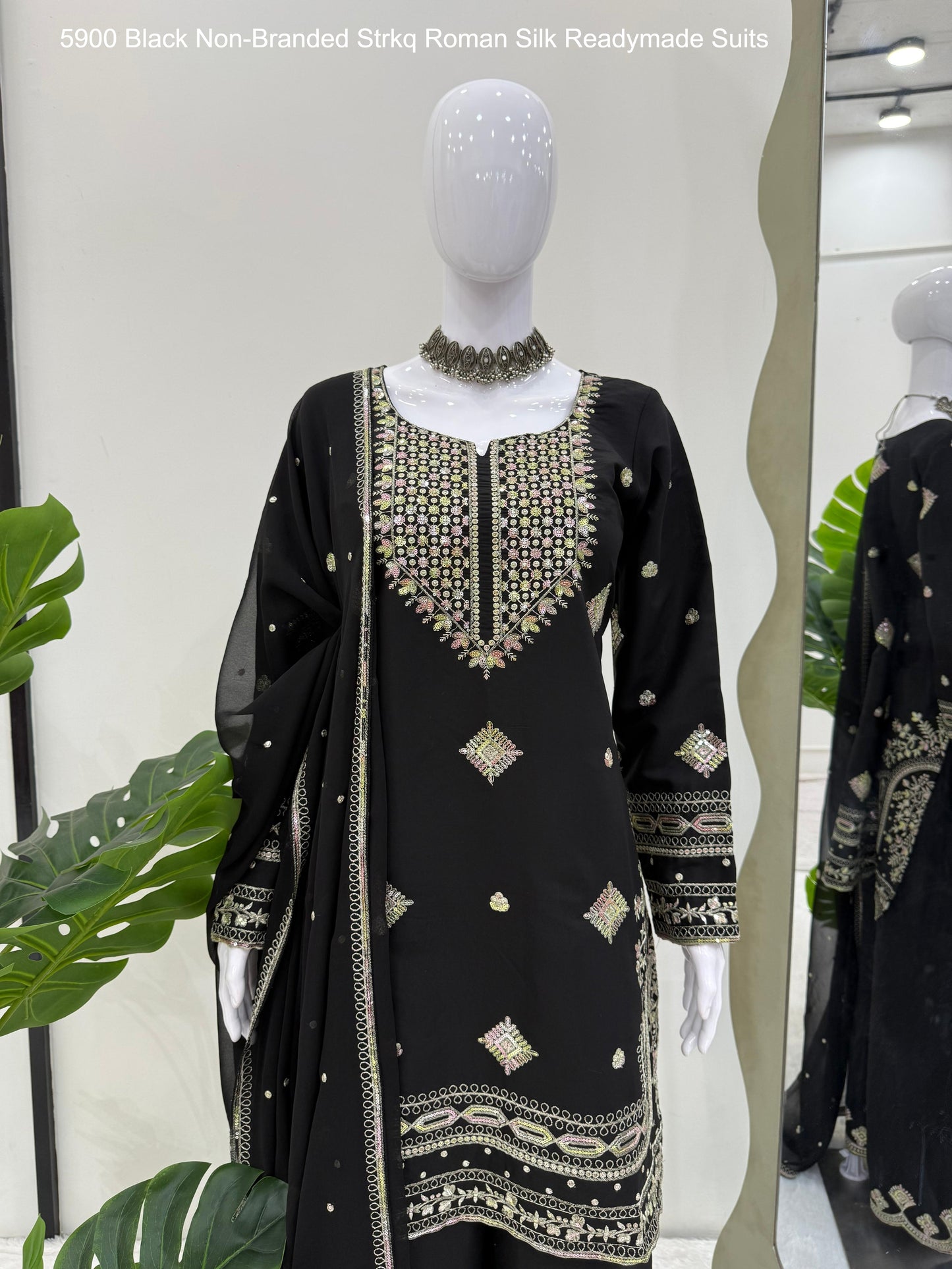 5900 Black Non-Branded Strkq Roman Silk Readymade Suits