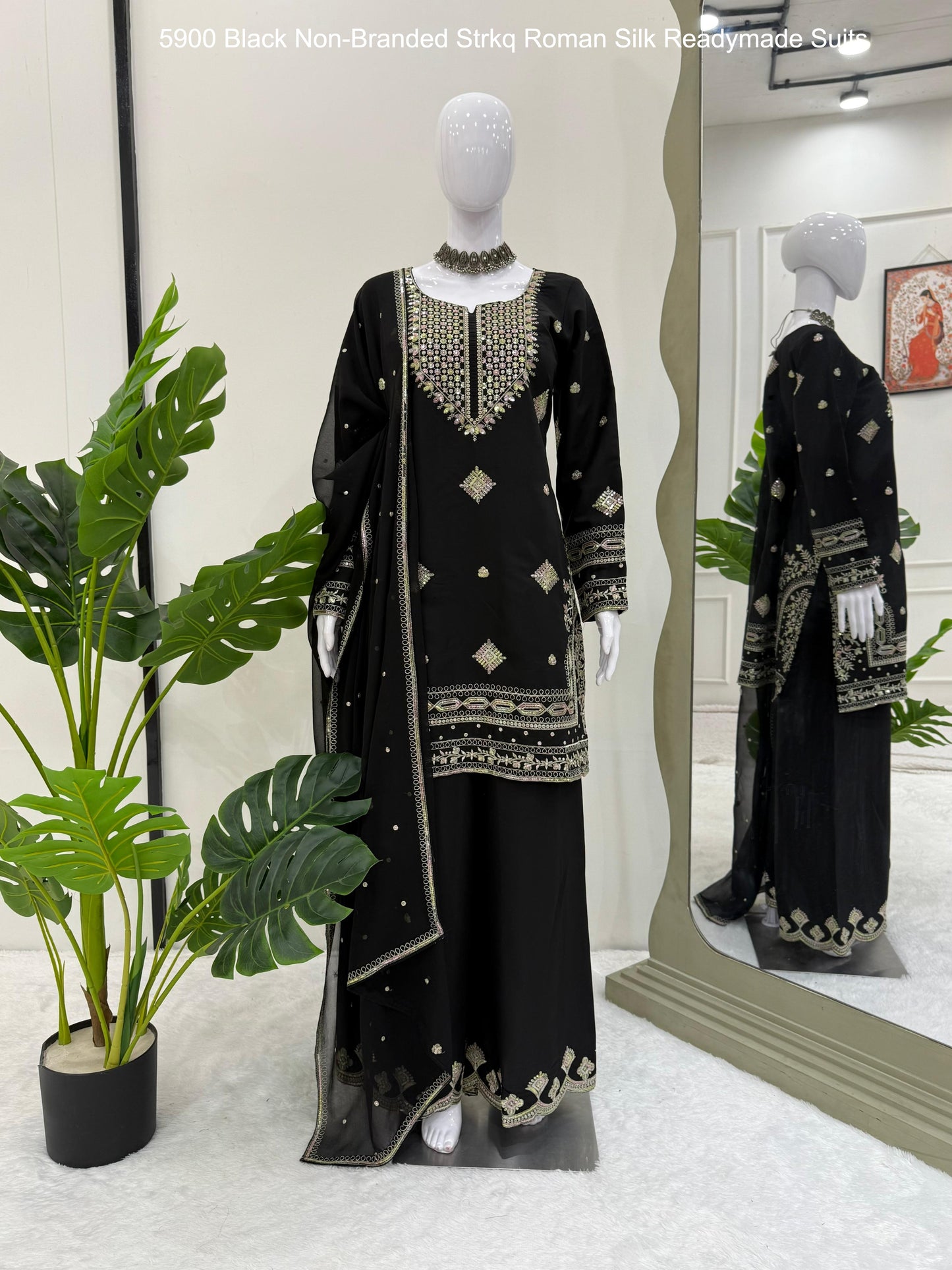 5900 Black Non-Branded Strkq Roman Silk Readymade Suits