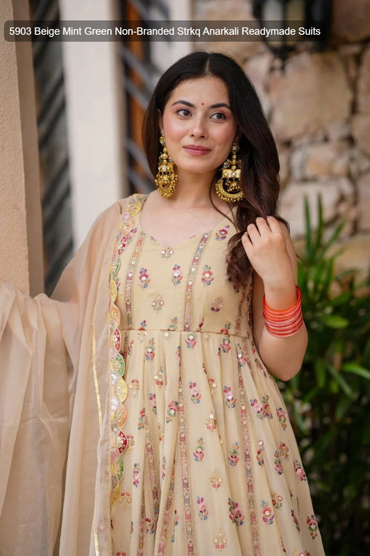 5903 Beige Mint Green Non-Branded Strkq Anarkali Readymade Suits