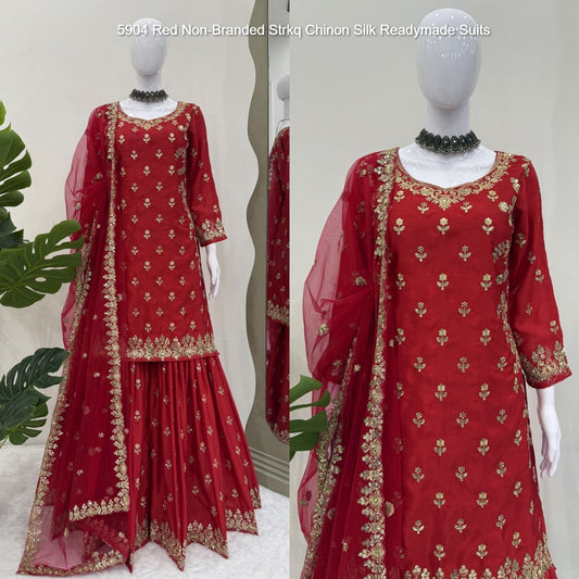 5904 Red Non-Branded Strkq Chinon Silk Readymade Suits