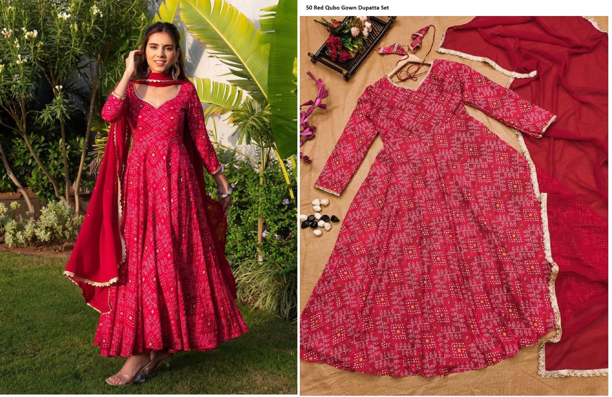 50 Red Qubo Gown Dupatta Set