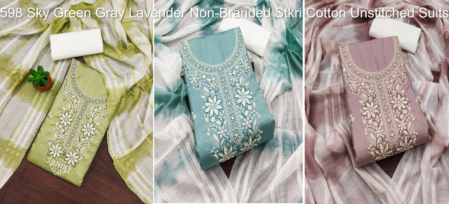 598 Sky Green Gray Lavender Non-Branded Stkri Cotton Unstitched Suits