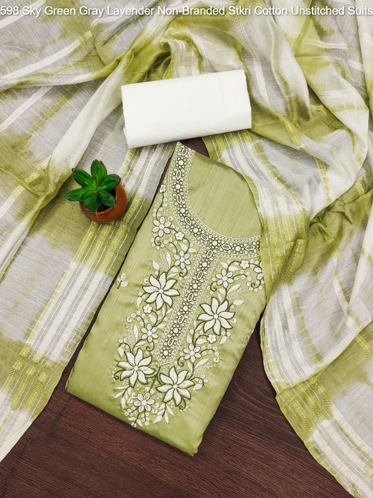 598 Sky Green Gray Lavender Non-Branded Stkri Cotton Unstitched Suits