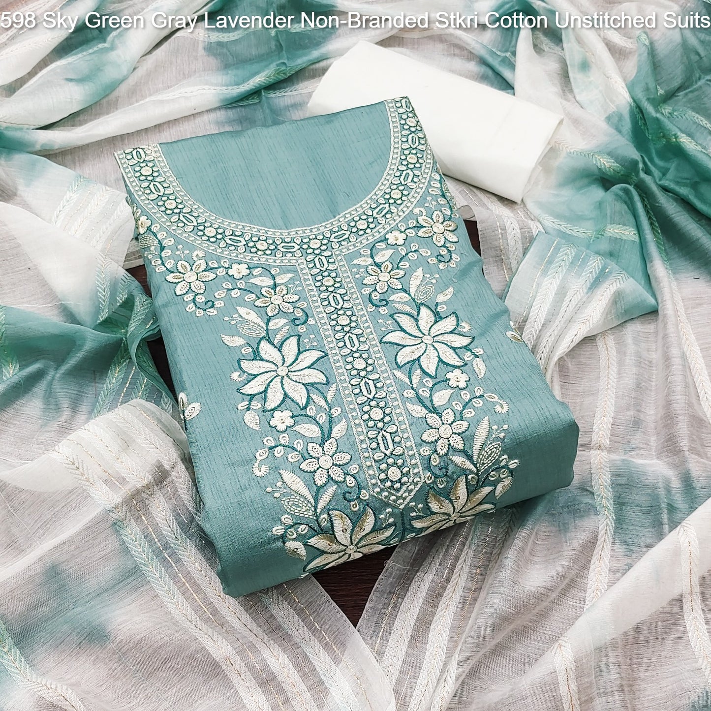 598 Sky Green Gray Lavender Non-Branded Stkri Cotton Unstitched Suits
