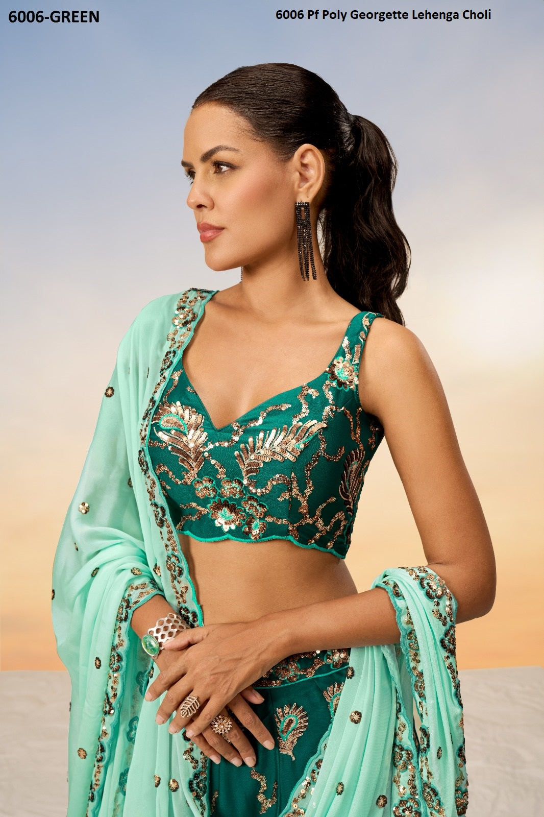6006 Green Pf Poly Georgette Lehenga Choli