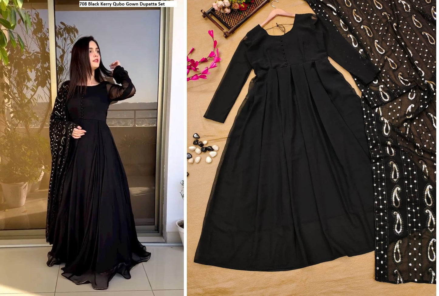 708 Black Kerry Qubo Gown Dupatta Set