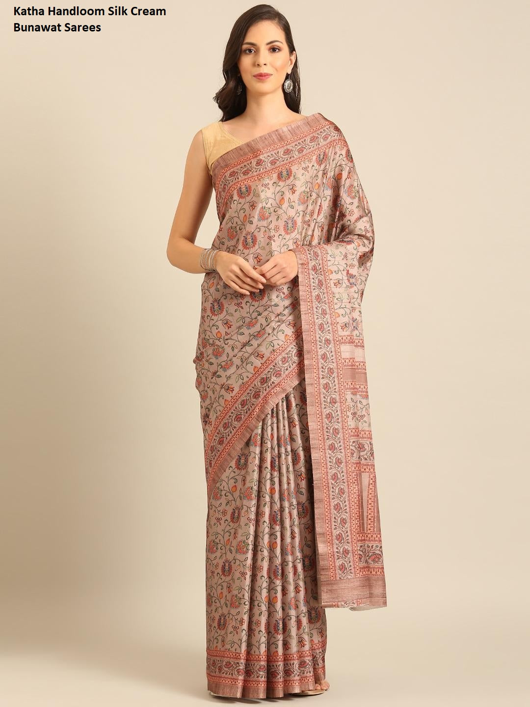 Katha Handloom Silk Cream Bunawat Sarees