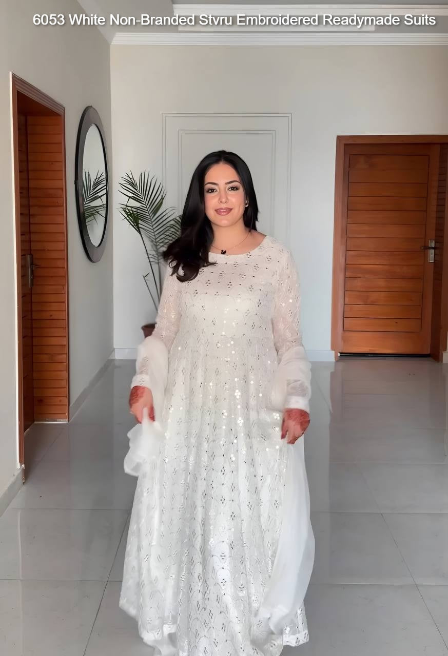 6053 White Non-Branded Stvru Embroidered Readymade Suits