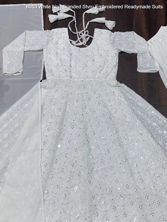 6053 White Non-Branded Stvru Embroidered Readymade Suits