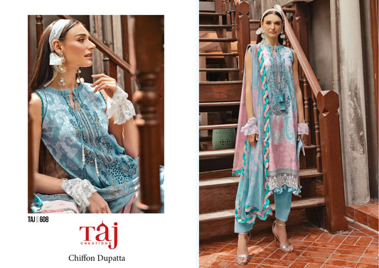608 Blue Taj Creations Embroidery Pakistani Patch Suits