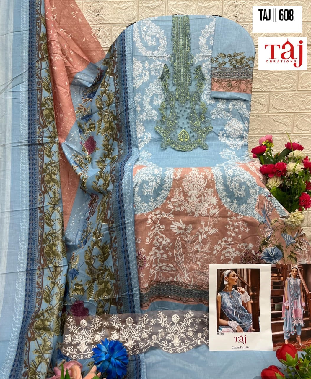 608 Blue Taj Creations Embroidery Pakistani Patch Suits