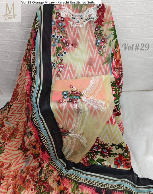 Vol 29 Orange M Lawn Karachi Unstitched Suits