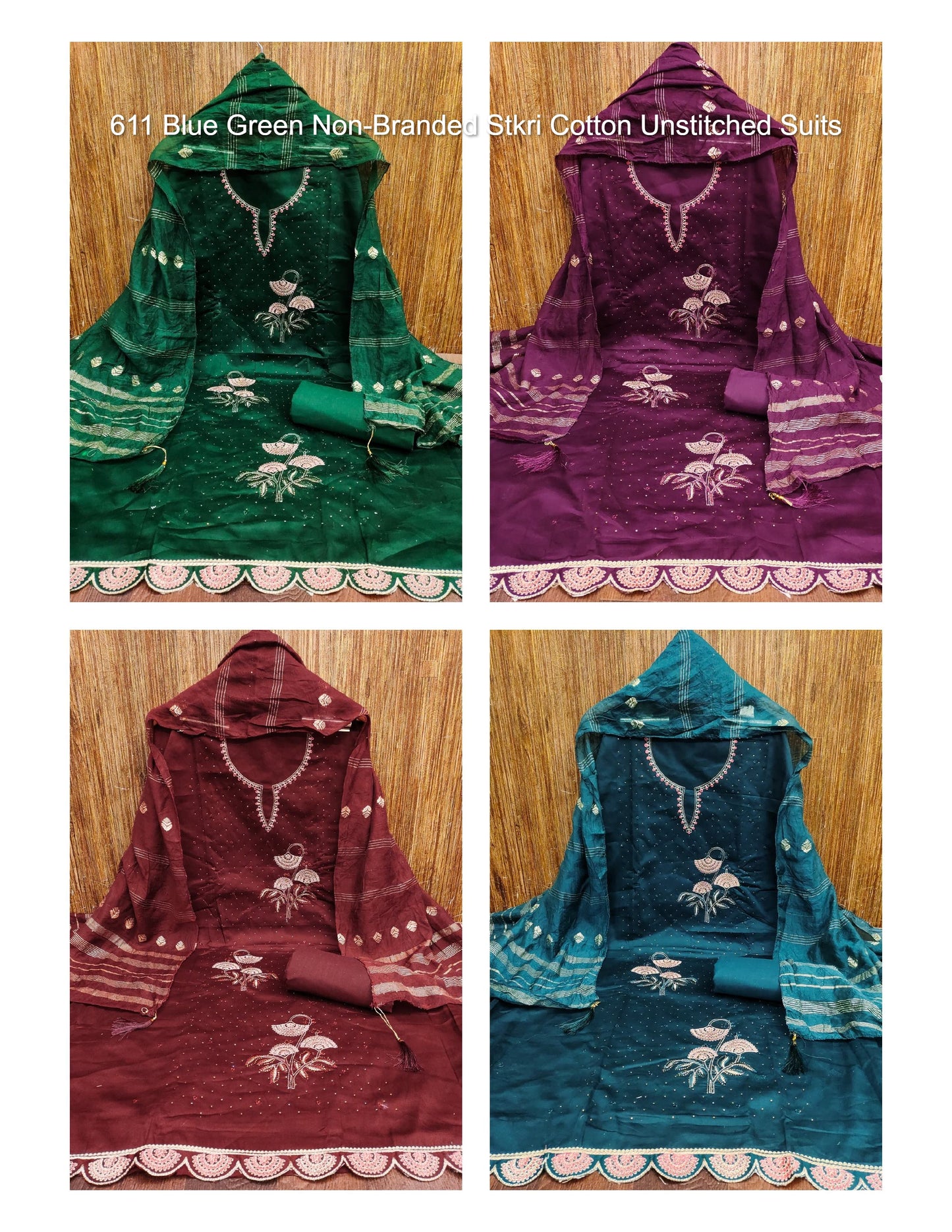 611 Blue Green Non-Branded Stkri Cotton Unstitched Suits