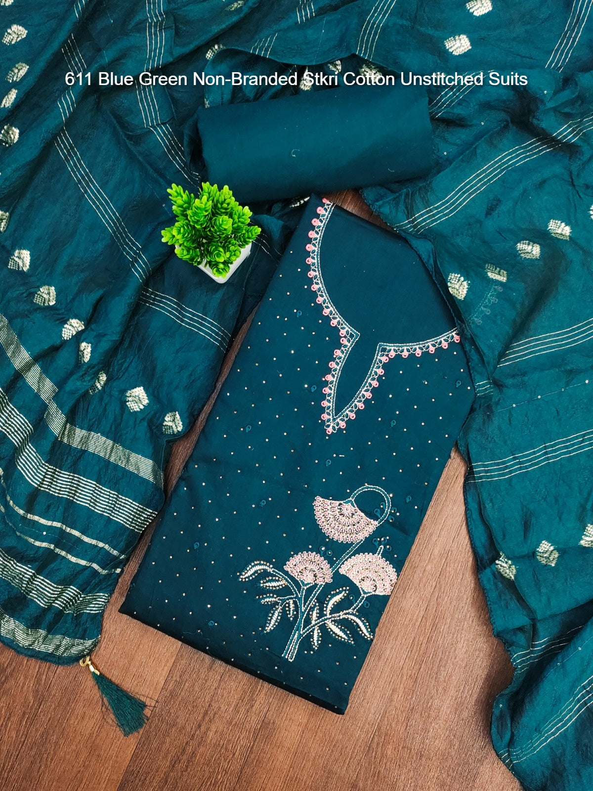 611 Blue Green Non-Branded Stkri Cotton Unstitched Suits