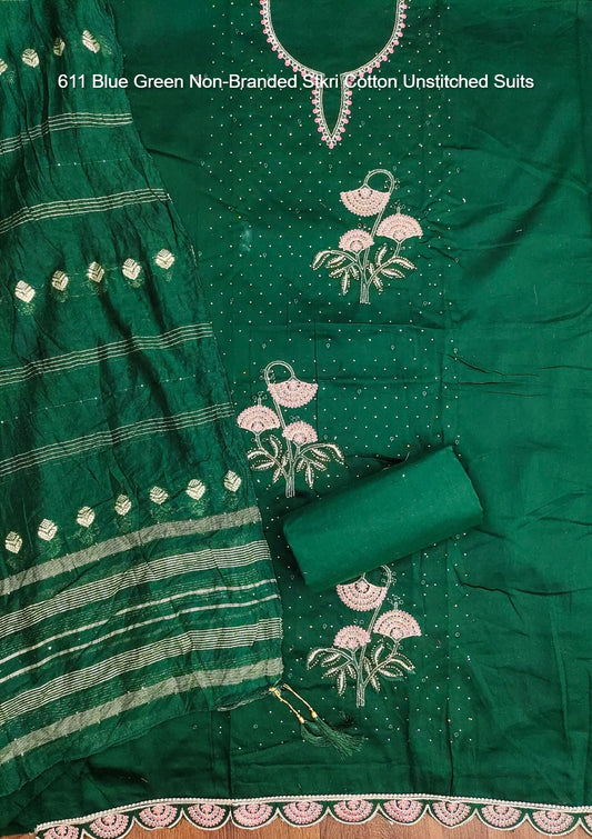 611 Blue Green Non-Branded Stkri Cotton Unstitched Suits