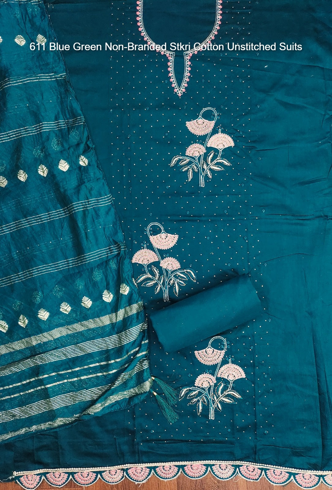 611 Blue Green Non-Branded Stkri Cotton Unstitched Suits