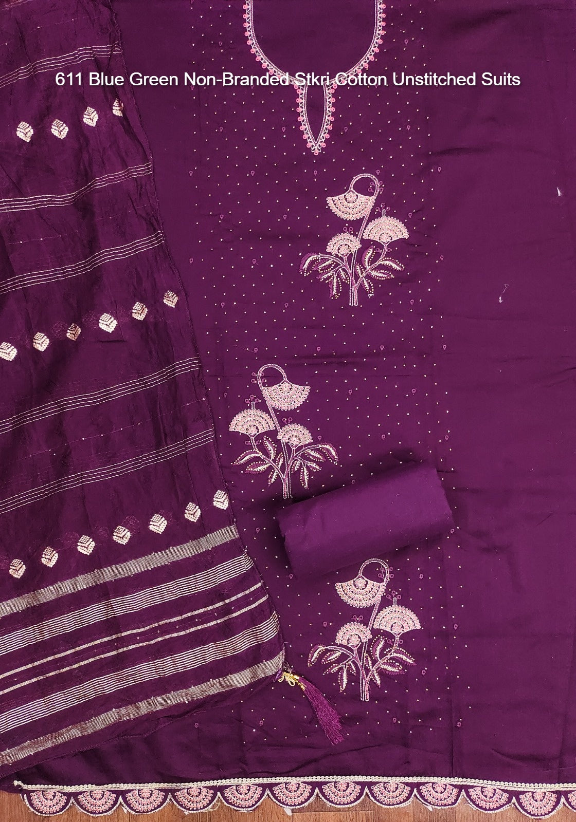 611 Blue Green Non-Branded Stkri Cotton Unstitched Suits