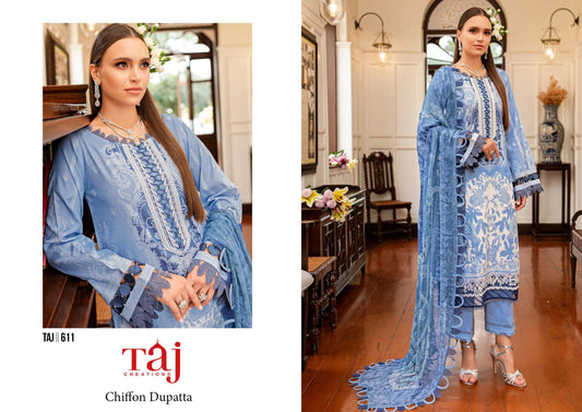 611 Blue Taj Creations Embroidery Pakistani Patch Suits