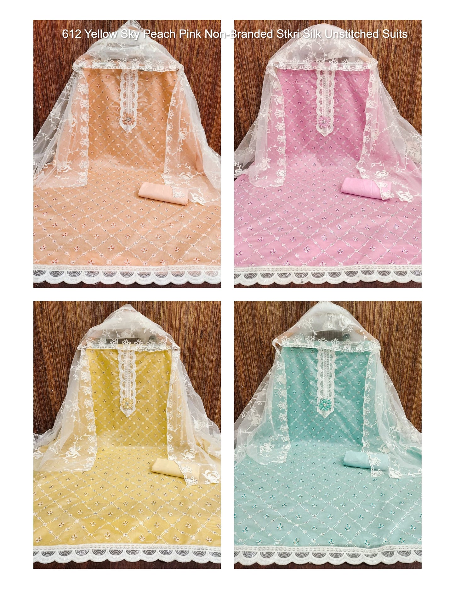 612 Yellow Sky Peach Pink Non-Branded Stkri Silk Unstitched Suits