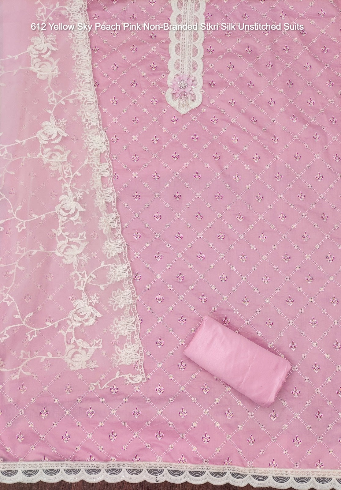 612 Yellow Sky Peach Pink Non-Branded Stkri Silk Unstitched Suits
