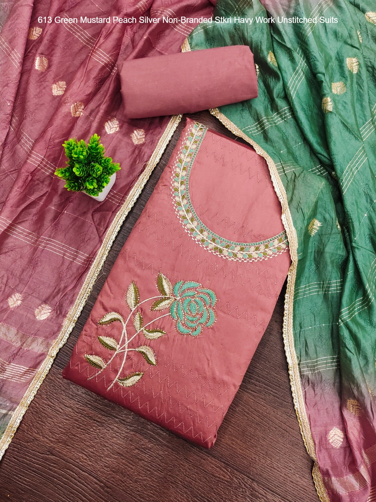613 Green Mustard Peach Silver Non-Branded Stkri Havy Work Unstitched Suits